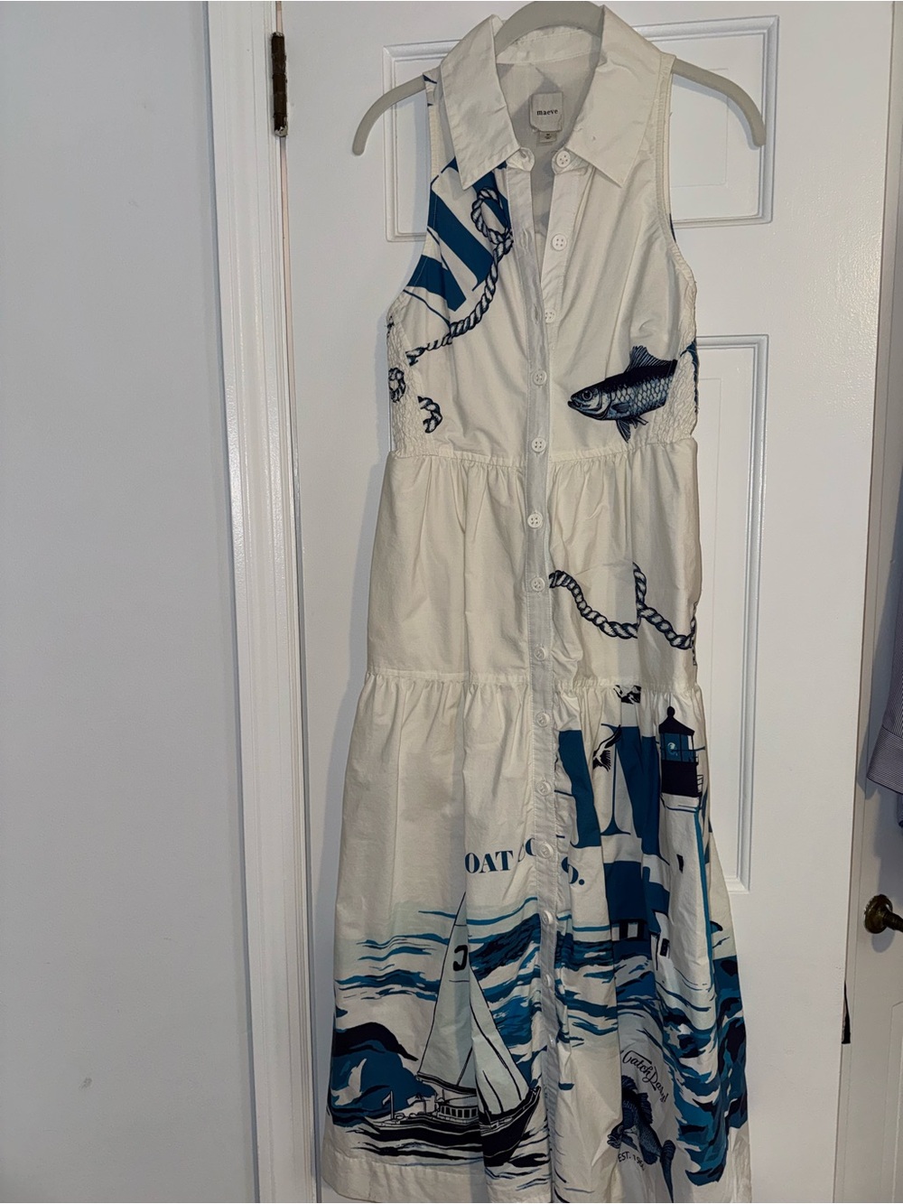 Maeve White Maxi Shirt Dress with Navy Nautical Print
